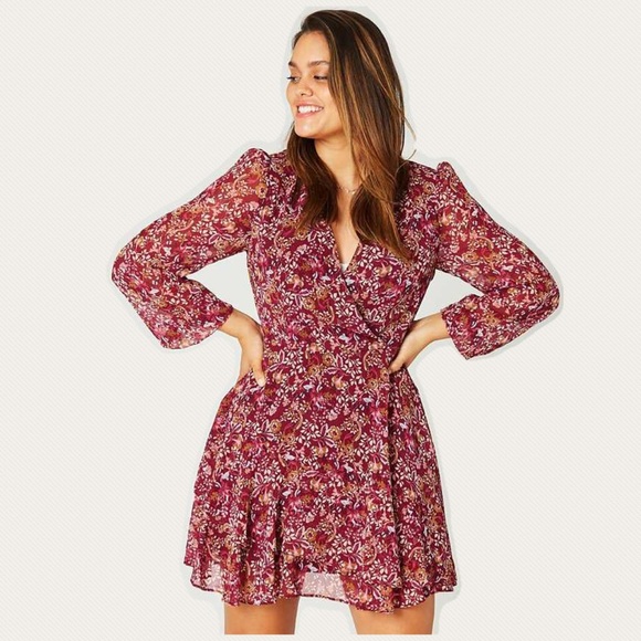 Dorsetta Floral Dress Long Sleeve Burgundy SMALL S - Picture 5 of 6
